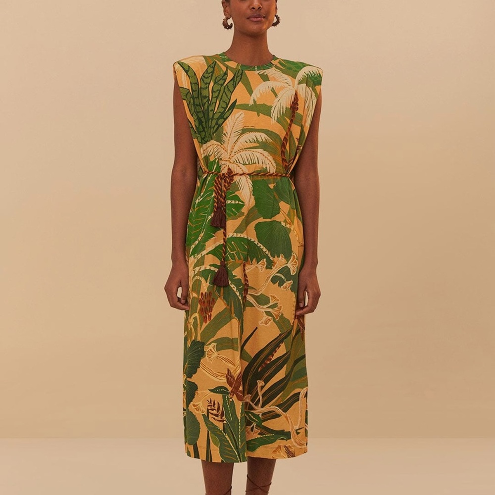 FARM Rio Green and Yellow Sheath Midi Dress